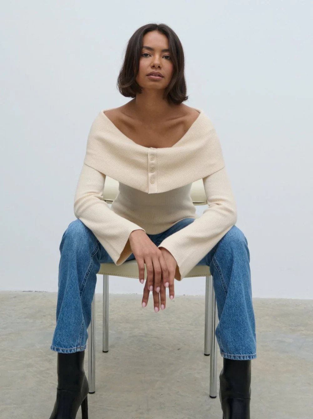 Elora Bardot Button Front Knit Top | Pretty Lavish (UK)