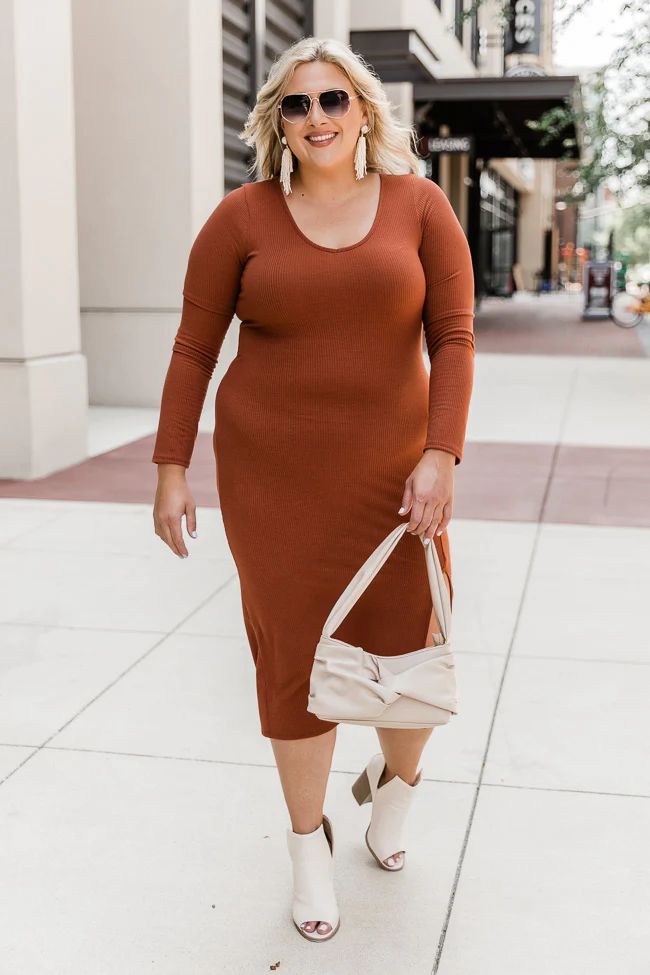 Lasting Remark Rust Long Sleeve Ribbed Midi Dress FINAL SALE | The Pink Lily Boutique