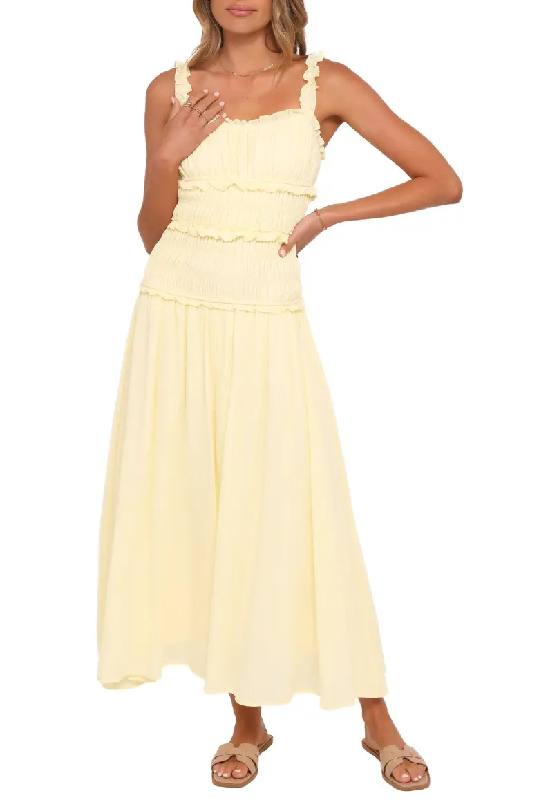 Enola Shirred Ruffle Trim Midi Dress (Women) | Nordstrom | Nordstrom