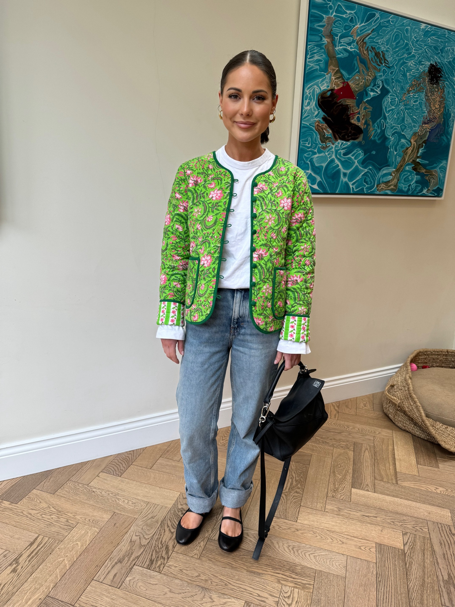 Quilted jacket, floral jacket, spring jacket, Loewe bag, Mary Jane shoes, blue denim jeans, spring outfit, day time outfit, classic style, transitional outfit 

#LTKstyletip #LTKSeasonal #LTKeurope