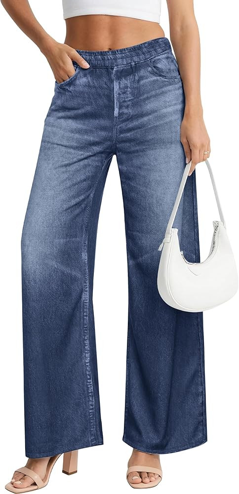 EUYZOU Womens Wide Leg Trendy Jeans Terry Look Like Denim High Waisted Baggy Loose Pants with Poc... | Amazon (US)