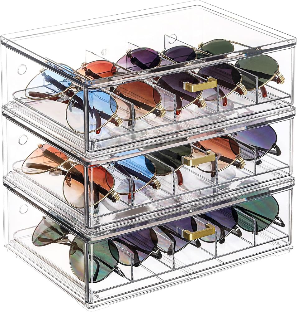Clear Acrylic Sunglasses Organizer, Stackable Eyeglass Storage Case with Gold Handles, Glasses Di... | Amazon (US)