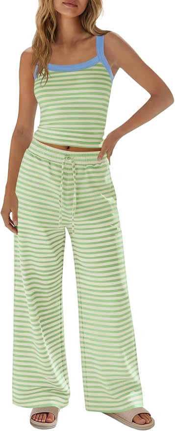 Yanekop Womens 2 Piece Pants Set Summer Striped Matching Lounge Set Sleeveless Casual Sets Vacati... | Amazon (US)