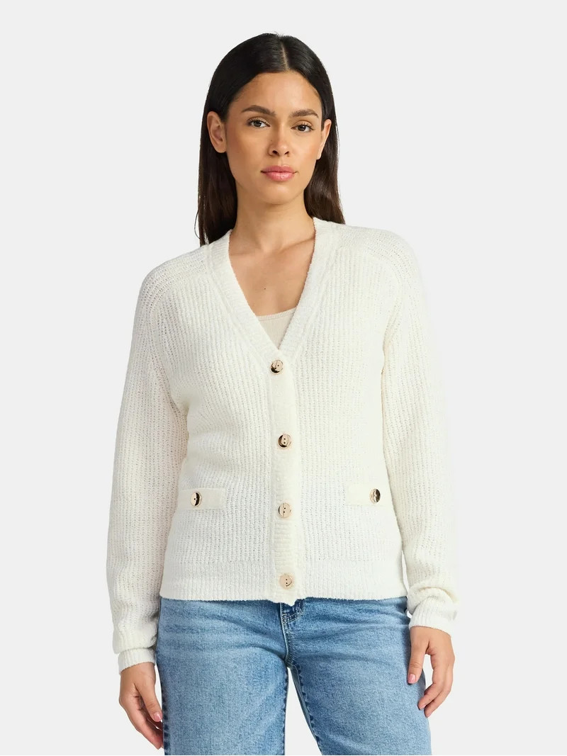 Time and Tru Women's V Neck Button Front Boucle Cardigan Sweater with Long Sleeves, Mid-weight, S... | Walmart (US)
