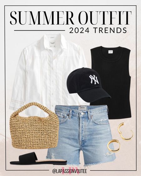 Unleash your summer style with 2024's hottest trends! Pair a crisp white button-down shirt with denim shorts, topped off with a sleek tank top for ultimate chic. Accessorize with hoop earrings, a straw slouch bag, a baseball cap, and comfy flat sandals for the perfect seasonal ensemble. ☀️👕👖👜

#LTKSeasonal #LTKfindsunder100 #LTKstyletip