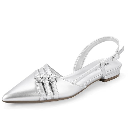 IDIFU Silver Flats for Women Slingback Pointed Toe Ballet Flats Shoes Women Dressy Comfortable Casual Flat Dress Shoes for Women Office Work Bridal Cute Fashion Slip on Buckle Flats(Silver Pu, 5.5) | Amazon (US)