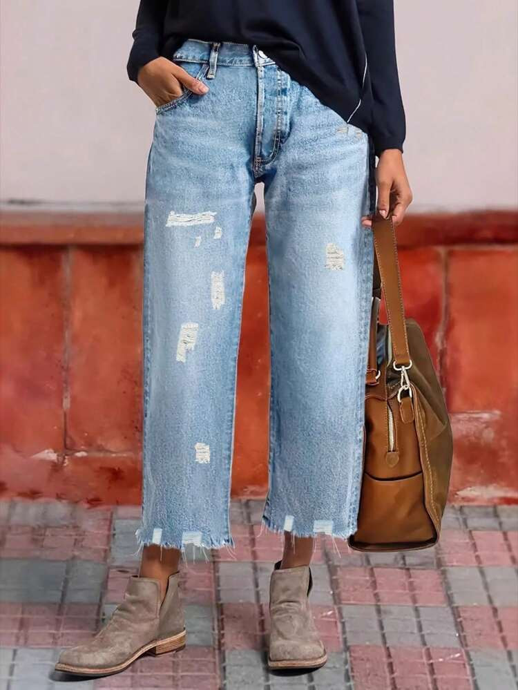 Women's Ripped Jeans, Ripped Jeans, Regular Size Women's Pants Ninth,Pants,Pants>Jean,Cocktail Party, Party, Christmas, Nightclub, Banquet, Film Festival, Cinema, Dance Party, Cocktail Party, Bar, Wedding, Graduation Ceremony, Back-To-School, Birthday Party, Rebellious Girl, Festival-Themed Party, Outwear, Street Fashion, Fashion Show, Date, Valentine's Day, Going Out To Work At University, School, Village, Concert, Street Girl, Young Girl, Country Outfits For Women, Best Outwear For Women, Women's Vacation Clothing, Country Concert Outfit, Country Outfits For Women, Streetwear, Concert Outfit For Women, Boho Women's Clothing, Country Concert Outfit, Concert Outfits, Vaquera Outfit, Y2K Clothes, Women's Club Outfits, Y2K Women's Clothes, Women's Clothing, Country Concert Outfit For Women | SHEIN