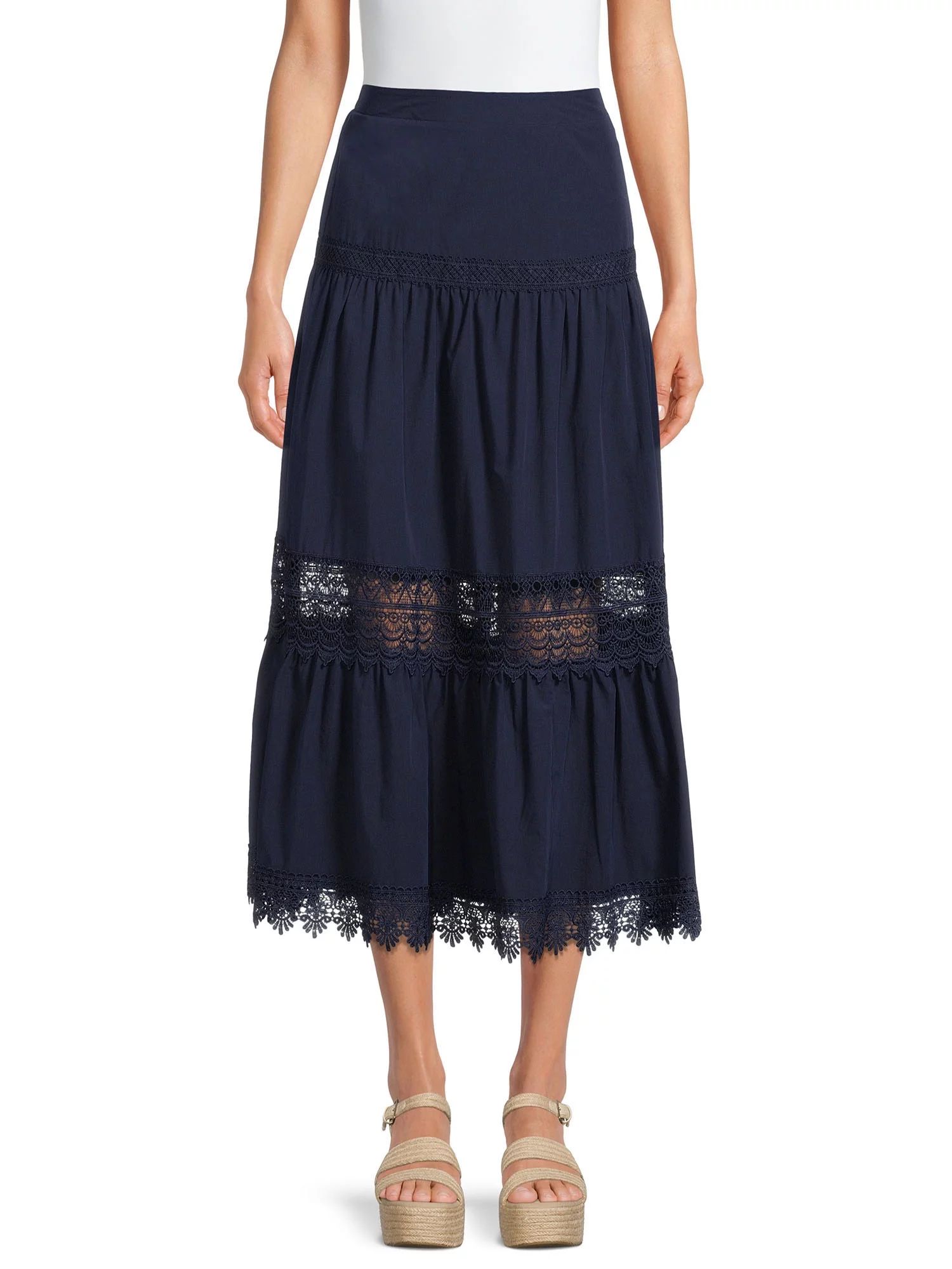 Time and Tru Women’s Tiered Maxi Skirt with Lace Trim | Walmart (US)