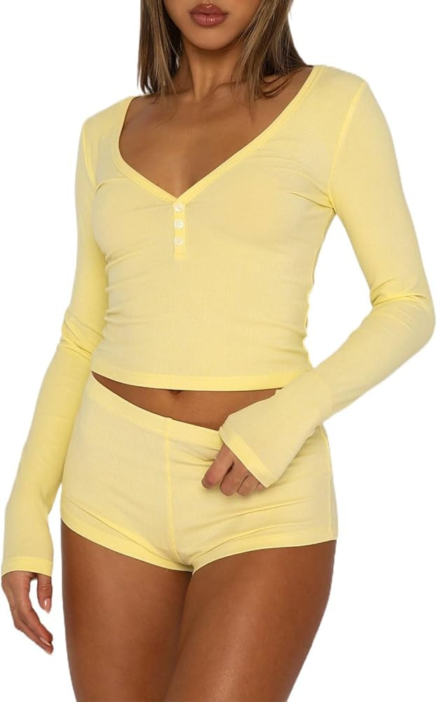 Multitrust Women Two Piece Lounge Set Long Sleeve Crop Tops and High Waist Shorts Ribbed Matching... | Amazon (US)