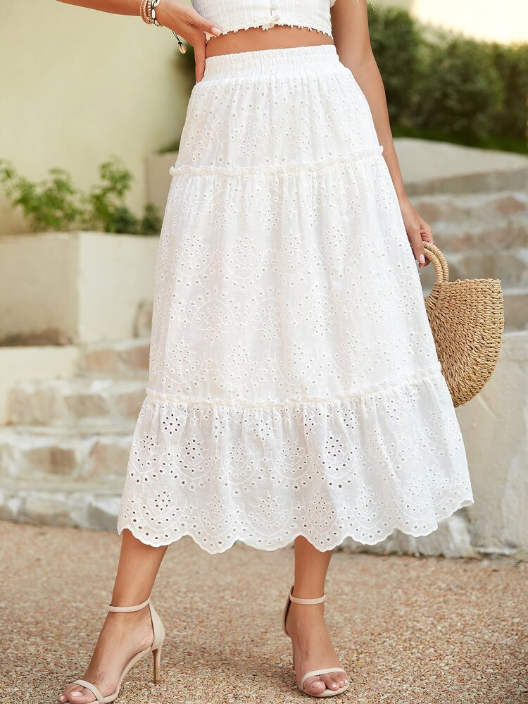 High Waist Frill Eyelet Embroidery Ruffle Hem Skirt | SHEIN