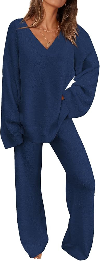 PRETTYGARDEN Women's 2 Piece Pullover Sweater Set Oversized V Neck Top Wide Leg Pants Fall Winter... | Amazon (US)