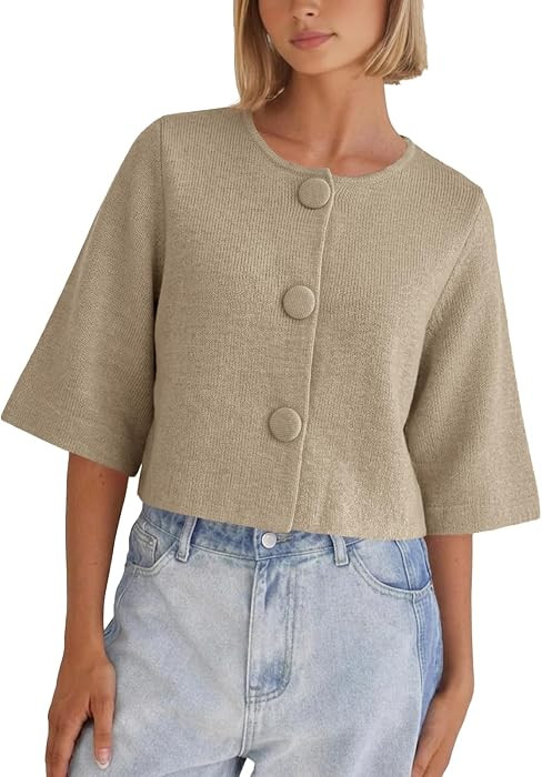 Tankaneo Womens Cropped Half Sleeve Cardigan Sweaters Knit Button Down Tops | Amazon (US)