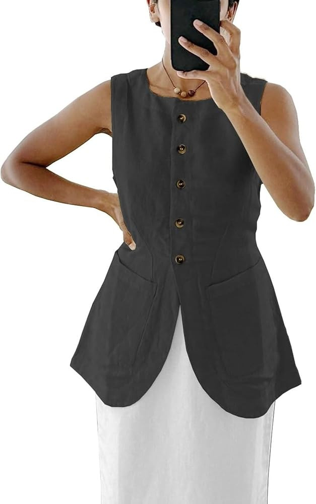 Long Linen Waistcoat Vest for Women Summer Casual High Neck Button Down Sleeveless Tops with Pock... | Amazon (US)