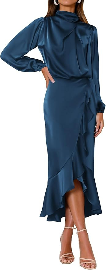KIRUNDO Women's Fall Satin Mock Neck Wedding Guest Cocktail Midi Dress Long Sleeve Wrap Ruched Ru... | Amazon (US)