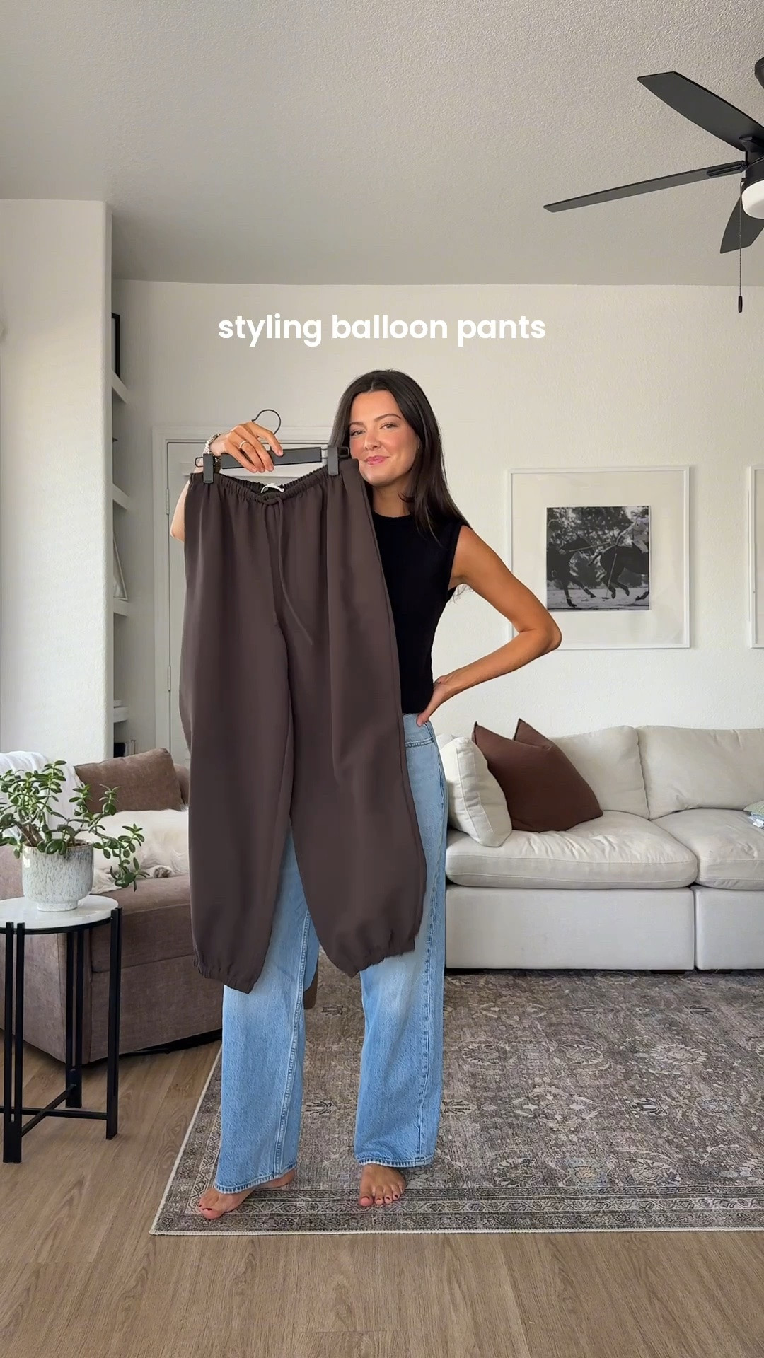 Styling my ballon pants! Sizing: I am 5’7” wearing small (reg length) in the pants, small in everything from Aritzia and XS in everything from Abercrombie.