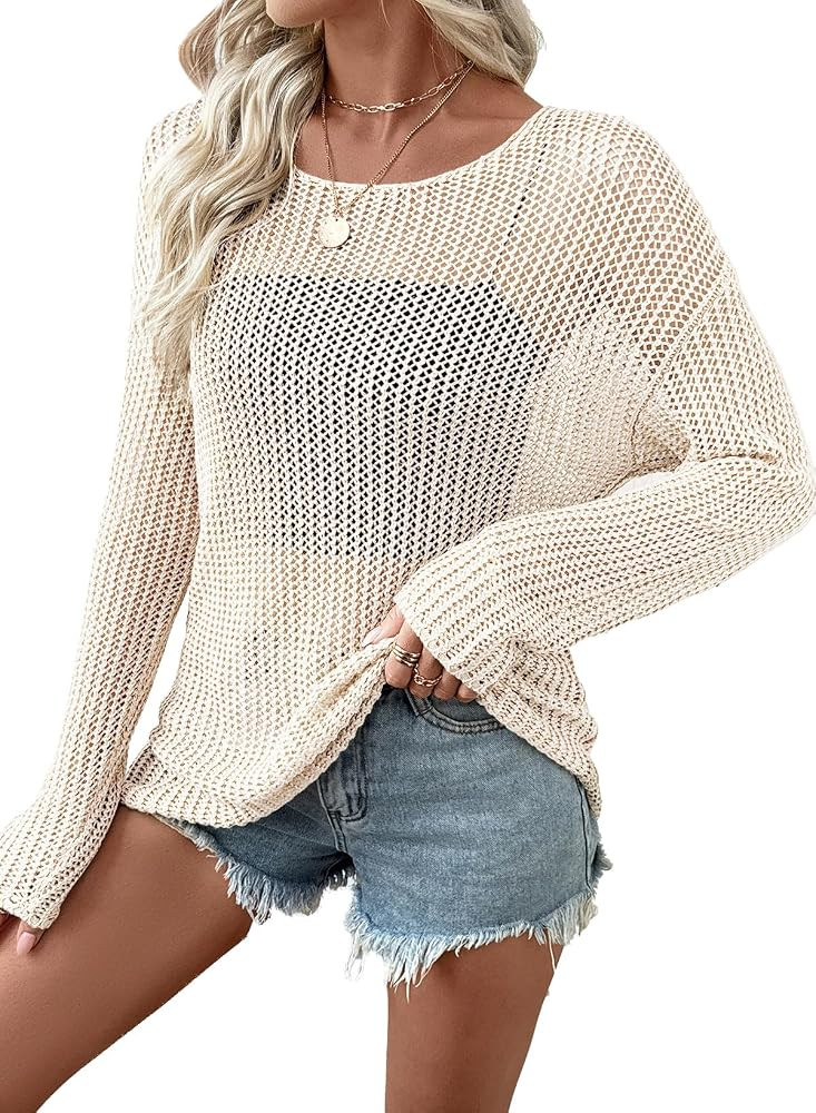 EVALESS Womens Sweaters Casual 2026 Spring Summer Crochet Hollow Out Tops Crewneck Long Sleeve Be... | Amazon (US)