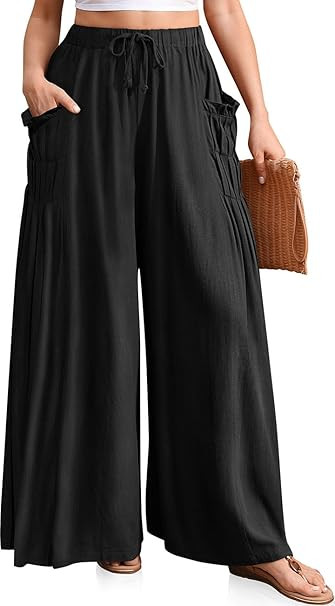 TARSE Women Linen Palazzo Pants Summer Wide Leg Boho Drawstring Casual Lounge Pant Beach Travel V... | Amazon (US)