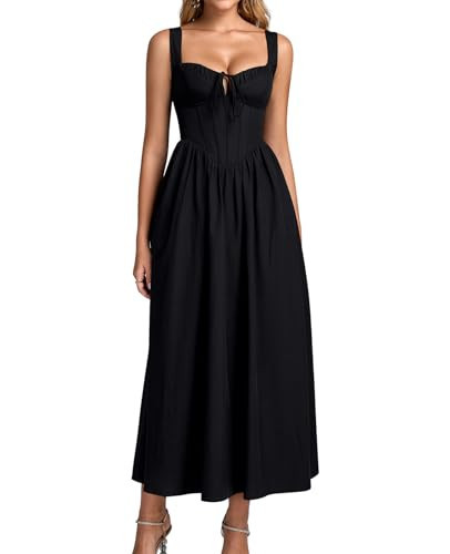 GLNEGE Womens Corset Midi Dress Spring Wedding Guest A-line Flowy Dresses Lace Up Summer Tea Party Long Sundress for 2026 Black | Amazon (US)