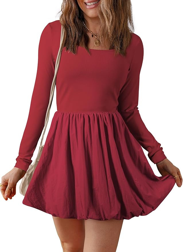 BLENCOT Women's Square Neck Bubble Dress Fall Long Sleeve Cocktail Party A Line Mini Dresses | Amazon (US)