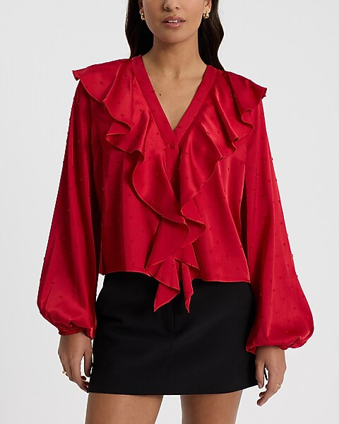 Satin Clip Dot V-Neck Long Sleeve Button Front Ruffle Top | Express