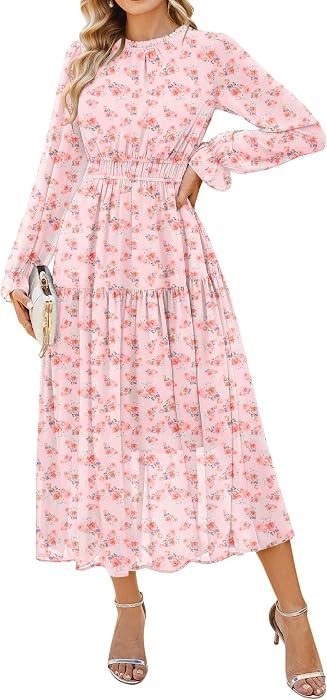 GRACE KARIN Women's Fall Wedding Guest Dresses 2026 Floral Long Sleeve Chiffon Maxi Dress Flowy B... | Amazon (US)