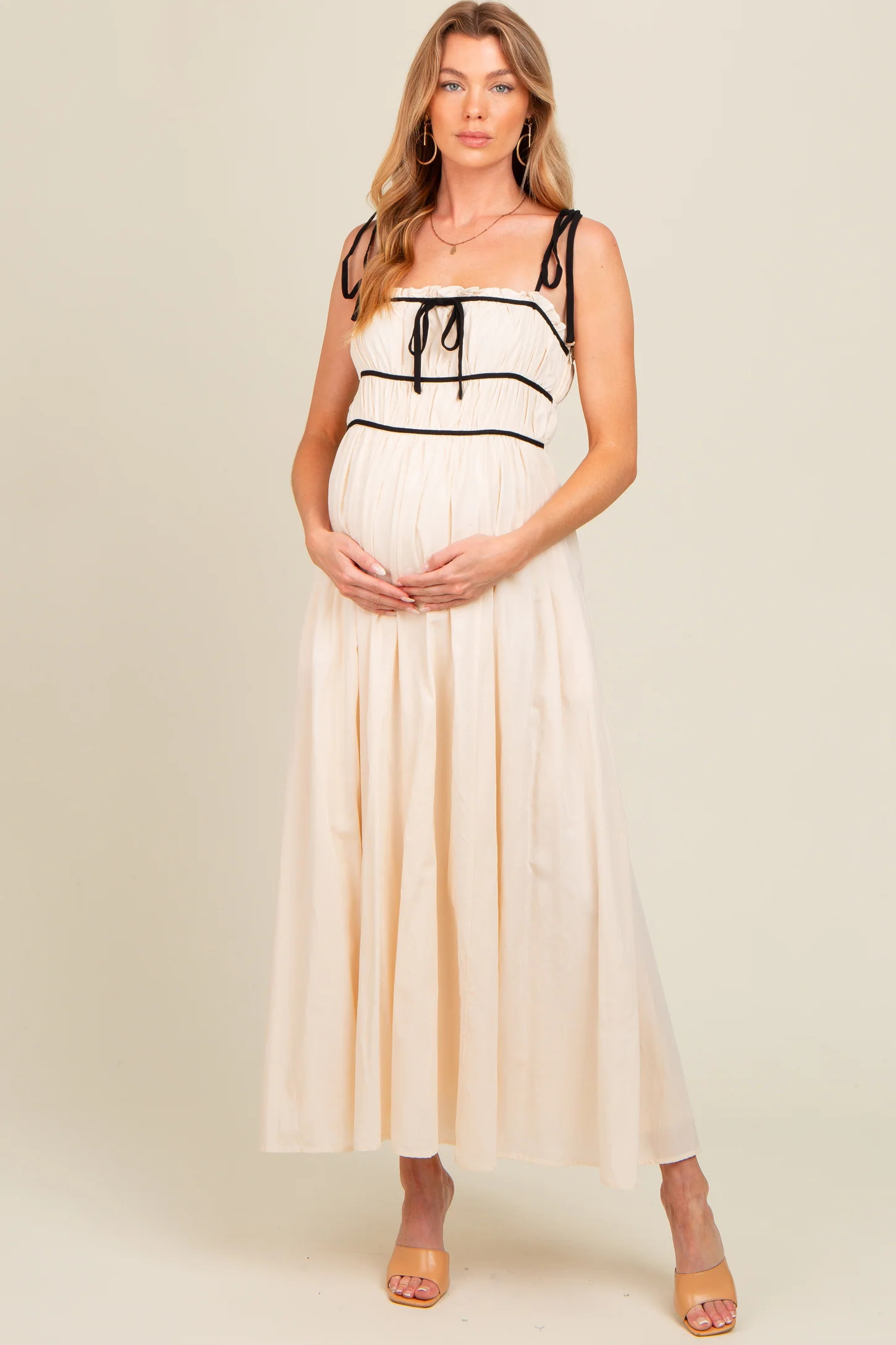 Cream Contrast Ribbon Trim Maternity Maxi Dress | PinkBlush Maternity