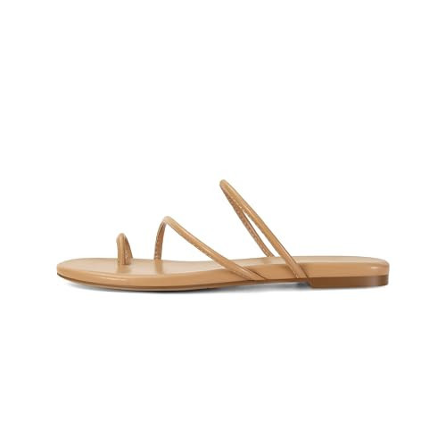 MAIJED Strappy Flat Sandals for Women Open Toe Slip On Slides Toe Ring Cross Strap Slippers Sandals Casual Comfortable Summer Beach Flat Shoes Beige US10.5 | Amazon (US)