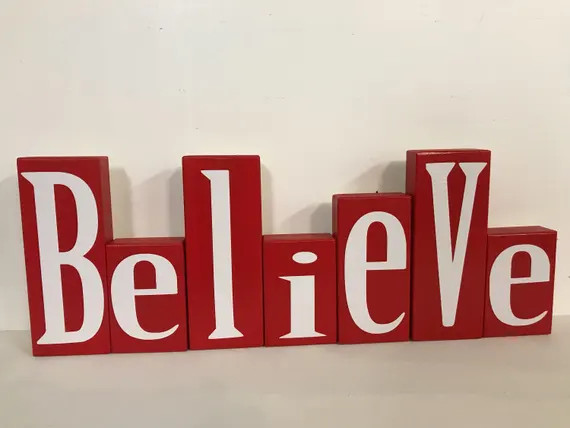 Believe sign shelf sitter EXTRA LARGE Red Christmas decor 2 x 4 chunky wood blocks mantle shelf d... | Etsy (US)