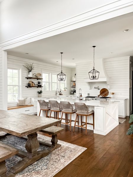 Kitchen home decor open floor plan dining room furniture dining table and benches bar stools counter stools rope back designer dupe trendy trending lantern island pendants light fixtures loloi low pile rug wayfair home finds 

#LTKstyletip #LTKFind #LTKhome