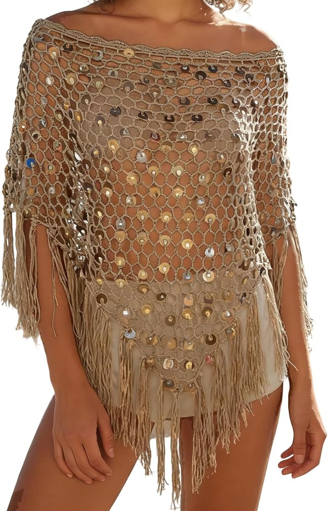 Womens Knit Sequin Poncho Top Y2k Crochet Batwing Sleeve Shrug Shawl Asymmetrical Sweater Cover U... | Amazon (US)
