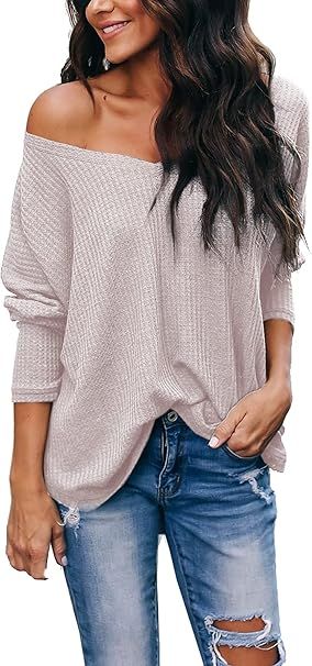 iGENJUN Women's Casual V-Neck Off-Shoulder Batwing Sleeve Pullover Sweater Tops | Amazon (US)
