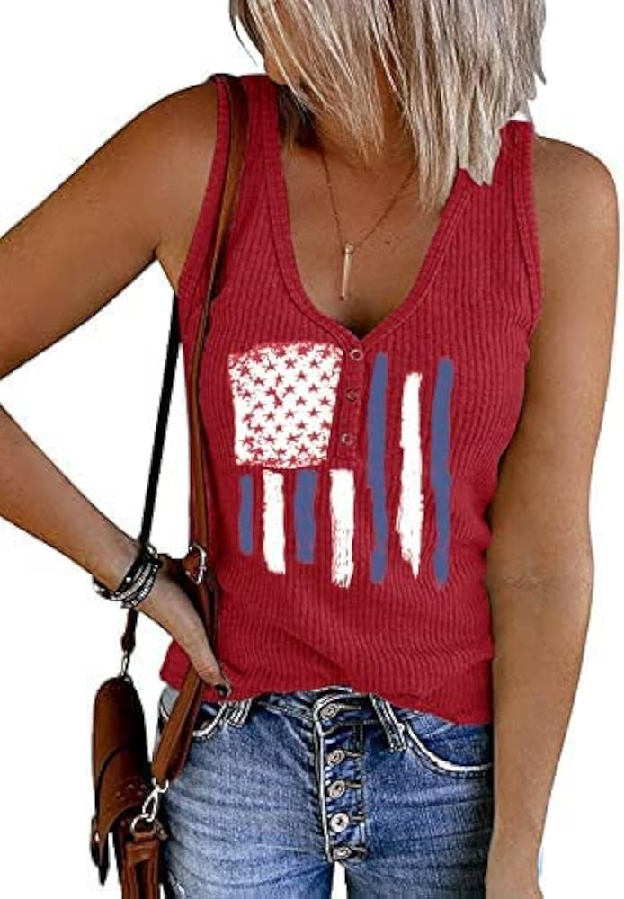Henley Shirts Tank Tops for Women Sleeveless Button Cami Shirts 4th of July V Neck Shirts America... | Amazon (US)