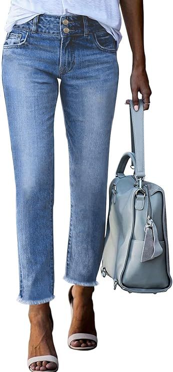 Sidefeel Women's High Waisted Jeans Strechy Raw Hem Straight Leg Denim Pants with Pockets | Amazon (US)