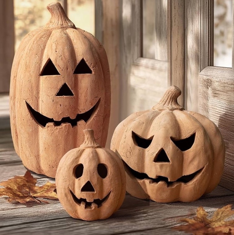 Fall Decor - Halloween Decorations - Handmade Terracotta Pumpkin Jack O' Lantern Outdoor Indoor - Cute Halloween Autumn Farmhouse Table Festival Decoration for Home Porch Front Door Mantel Room