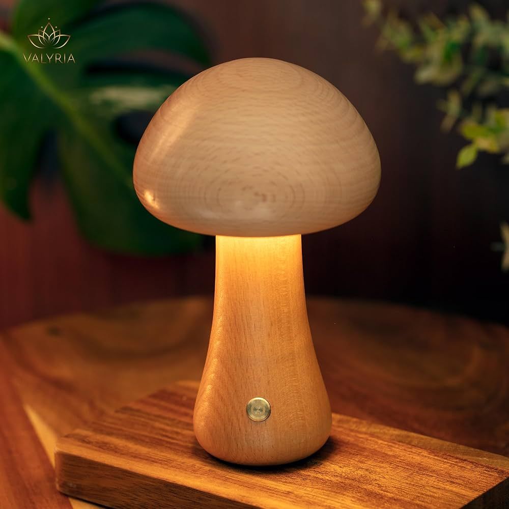 Cordless Mushroom Lamp - Dimmable Mushroom Nightlight with USB Cable - Wooden Bedroom Lamps for N... | Amazon (US)