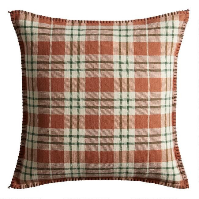 Orange, Green And Ivory Plaid Throw Pillow | World Market