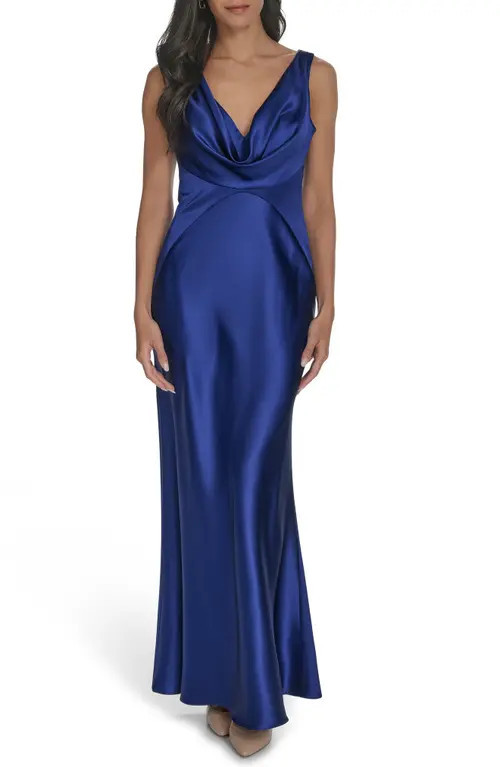 Vince Camuto Draped Neck Satin Gown in Cobalt at Nordstrom, Size 0 | Nordstrom