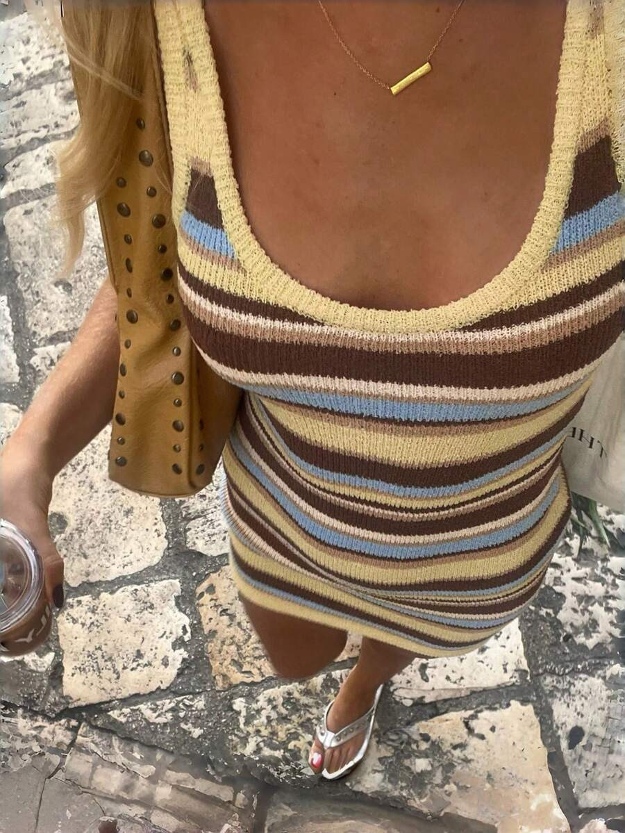 Vibrant Sleeveless Color Block Striped Bodycon Knit Dress, Spring/Summer Dress, Women's Holiday O... | SHEIN