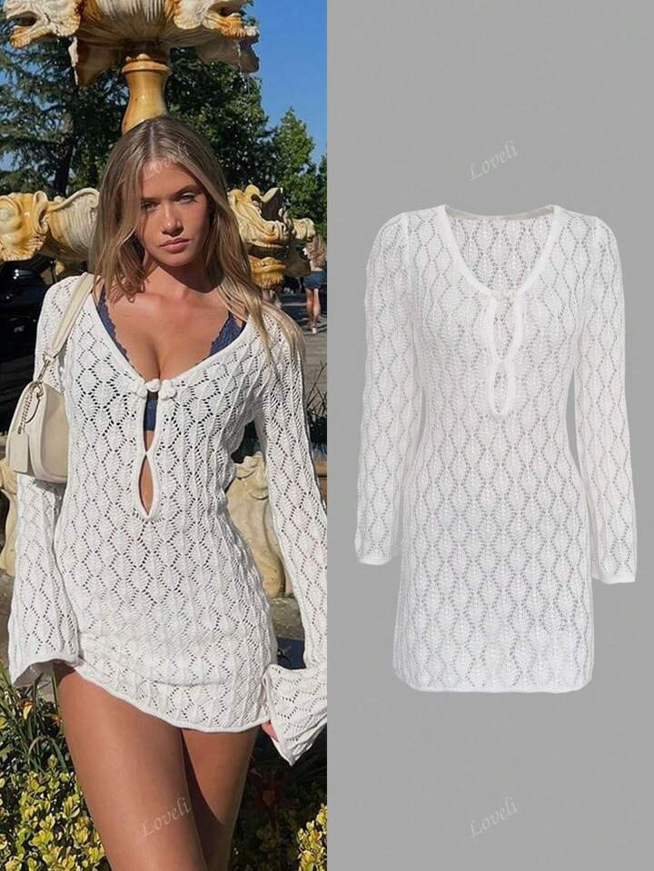 Women's Summer Vacation V-Neck Sheer Mesh Hollow Out Knot Button Crochet Long Sleeve Cover Up Sexy Solid Color Bodycon Mini Knit Beach Bikini Dress, Spring Fall | SHEIN