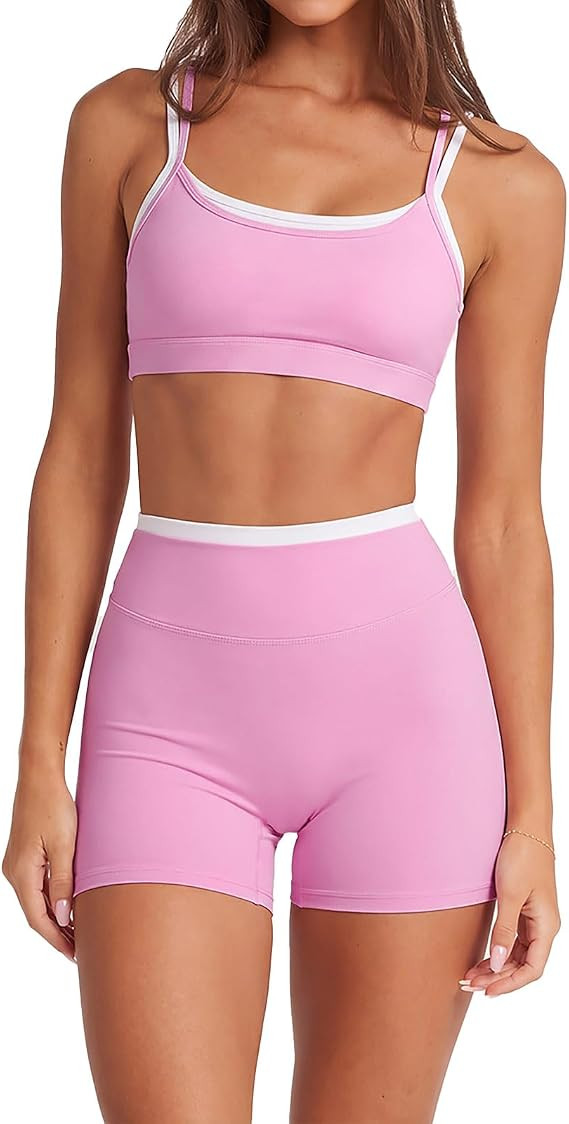 SUUKSESS 2 Piece Workout Sets Layered Sports Bra Yoga Gym Biker Shorts | Amazon (US)