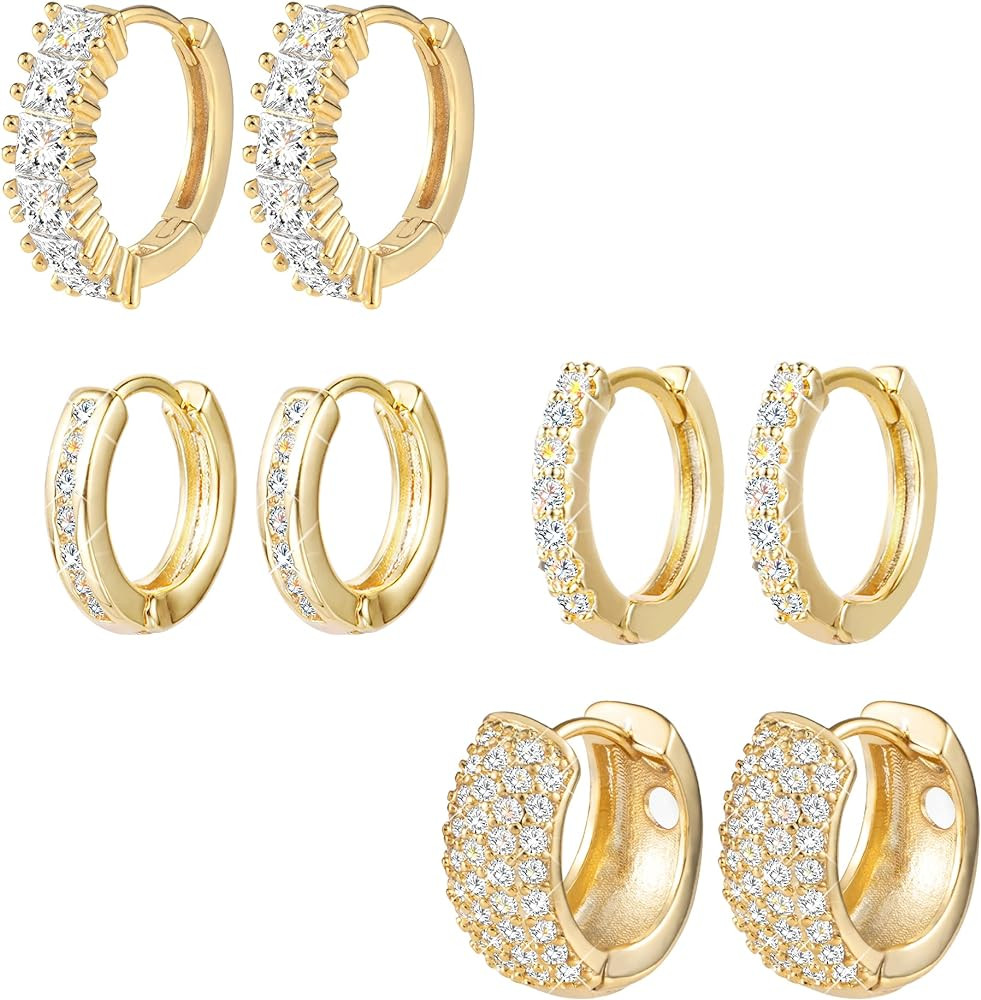 ALEXCRAFT Small Gold Hoop Earrings Set for Women Diamond Pave Gold Earrings Set with Sterling Sil... | Amazon (US)