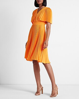 Pleated V-Neck Midi Dress | Express