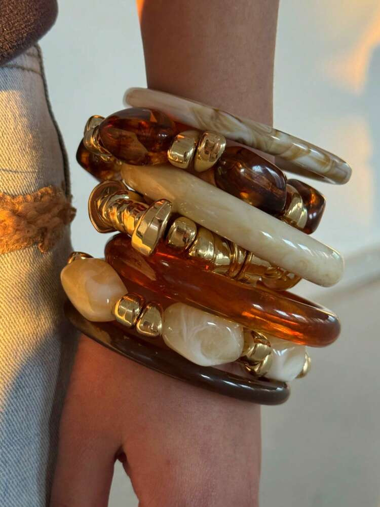 7pcs Fashionable Elegant High-End Unique Shiny Luxury Vintage Resin Amber Ivory Metal Beaded Brac... | SHEIN