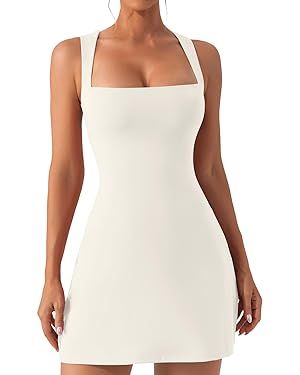 QINSEN Women's Square Neck Bodice Dress Sleeveless Tank Top Stretch Flare Mini Dresses | Amazon (US)