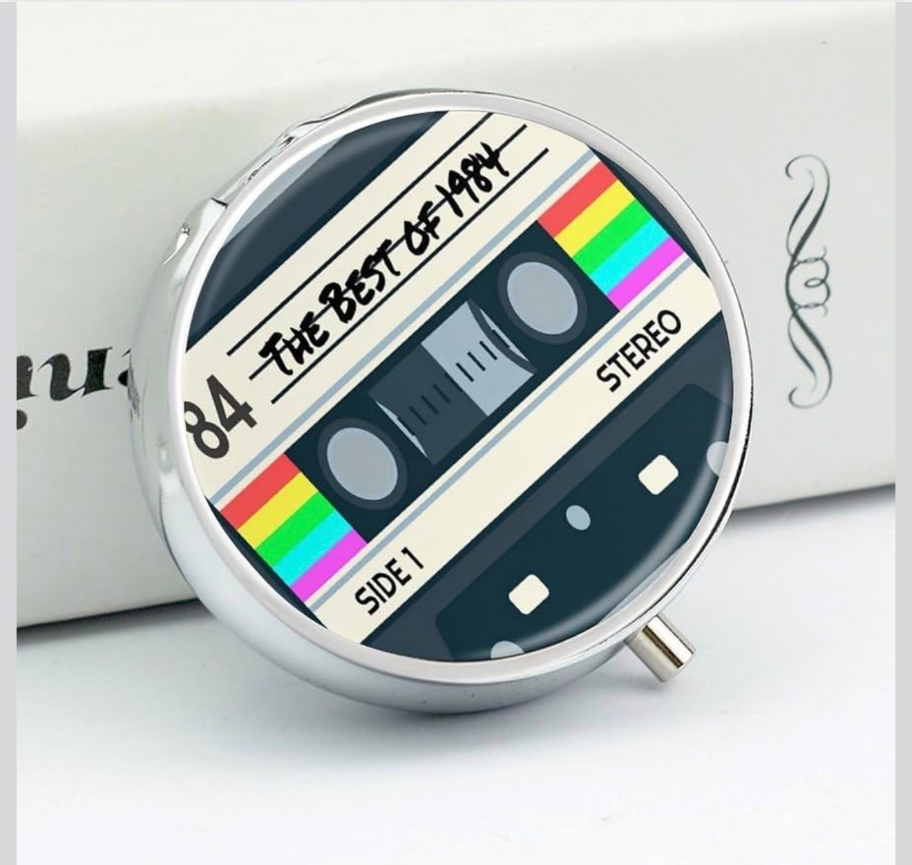 Vintage Cassette Tape 1984 Music Collection Small Round Metal Pill Box with Mirror, 3 Compartment Pocket Pill Case, Portable Travel Medicine Organizer for Purse, Compact Vitamin Container for Women & Men

#LTKmomlife #LTKMens #LTKHome