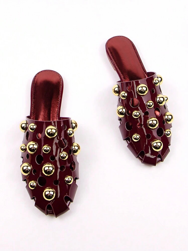 Women's Fashion Circular Hollow Metal Rivet Decor Canvas Round Toe Slip-On Flats, Comfort Mules L... | SHEIN