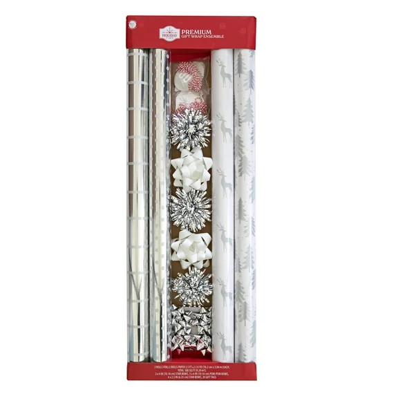 Holiday Time Premium Christmas Wrapping Paper Pack, 100 Sqft, 33 Pieces, Silver and White | Walmart (US)