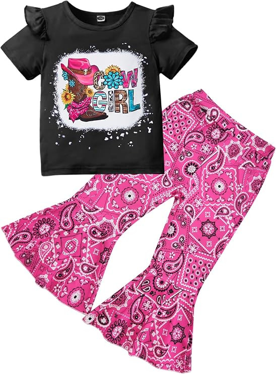 Toddler Girl Western Bell Bottom Outfit - Cowgirl Country Boot Print Tee Boho Flared Pants Rodeo ... | Amazon (US)