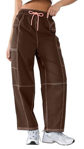YIPINK Women’s Hiking Cargo Pants – Lightweight Wide Leg Outdoor Pants with 5 Pockets, High Waisted Drawstring Streetwear Brown | Amazon (US)