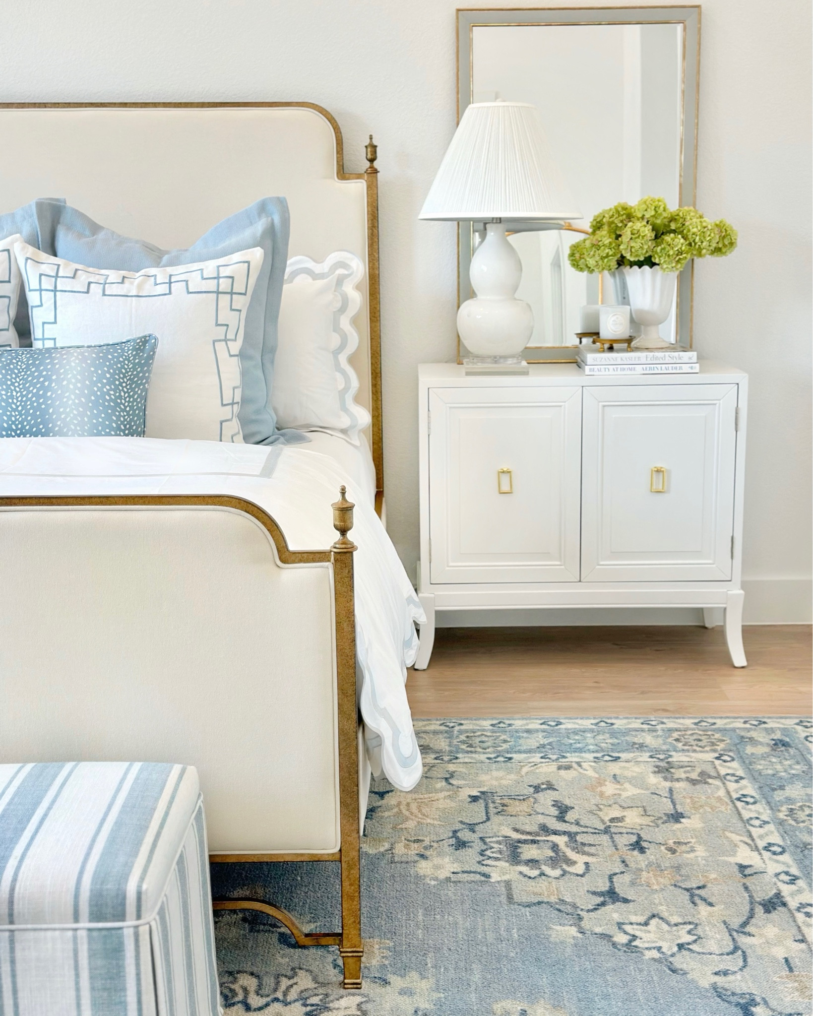 From gorgeous rugs to timeless decor, @Wayfair has the prettiest pieces to refresh your space for spring! 🌸 This blue and sage green wool rug has been a best seller and is such an incredible value! I have the 9x12 in our bedroom and love it! Sharing a few favorite finds to help you get this look 🤍 #ad #Wayfairpartner #wayfair 

Bedroom decor bedroom styling traditional home elegant bedroom timeless decor gold bed frame 